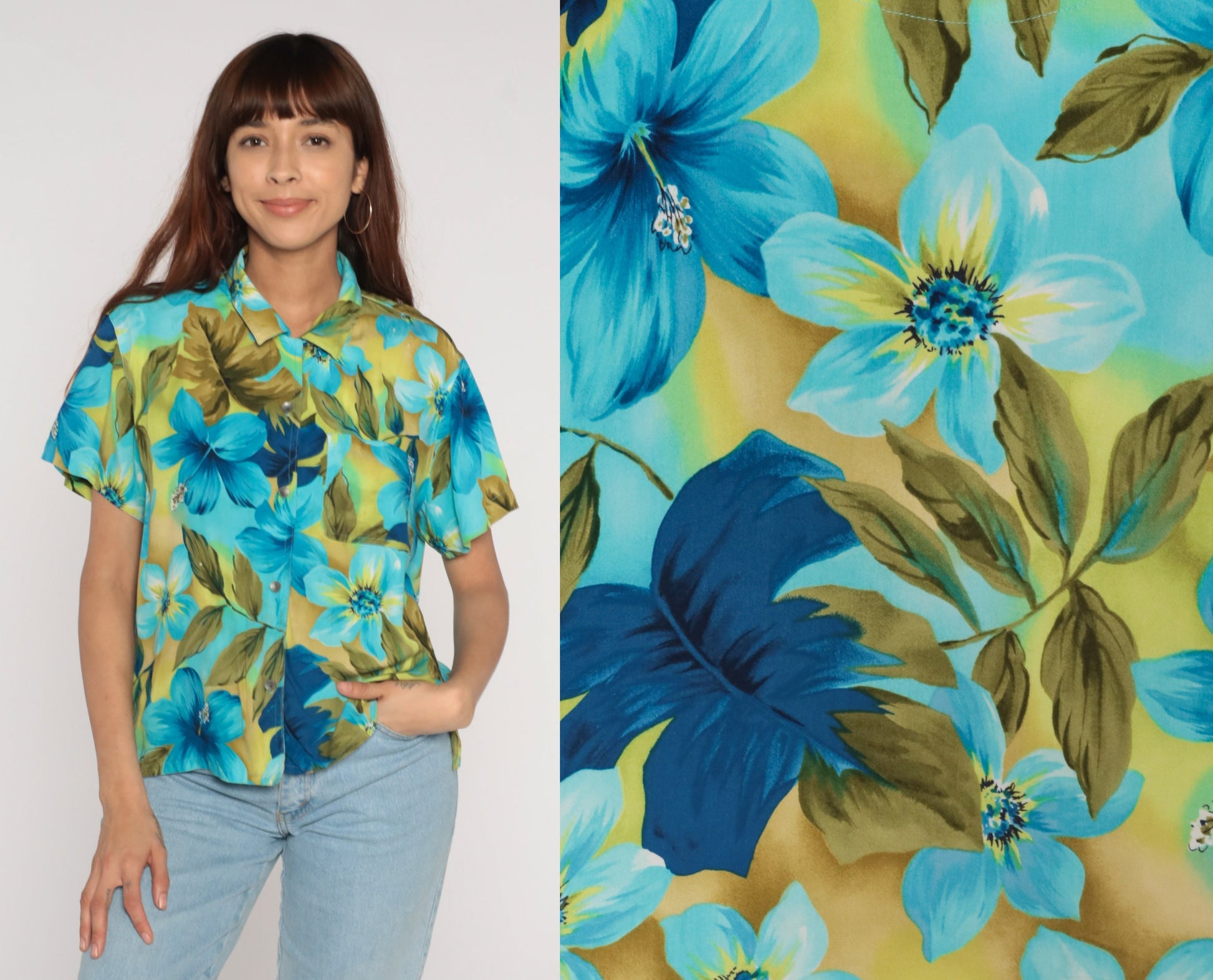 Y2K Liz Claiborne Tropical Floral Button-Up Blouse Blue Green Hibiscus Large L