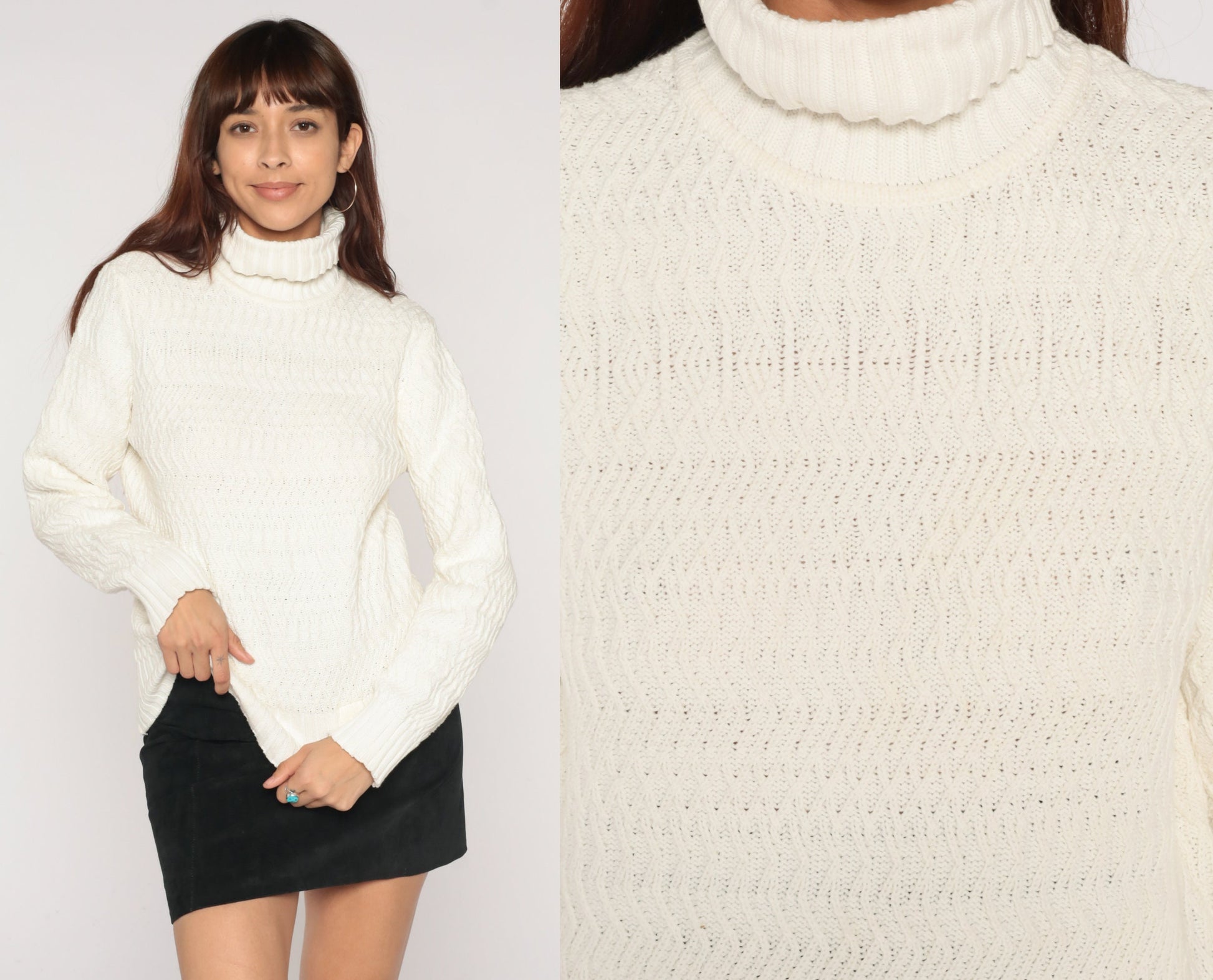 90s White Textured Knit Turtleneck Sweater Pullover Medium M