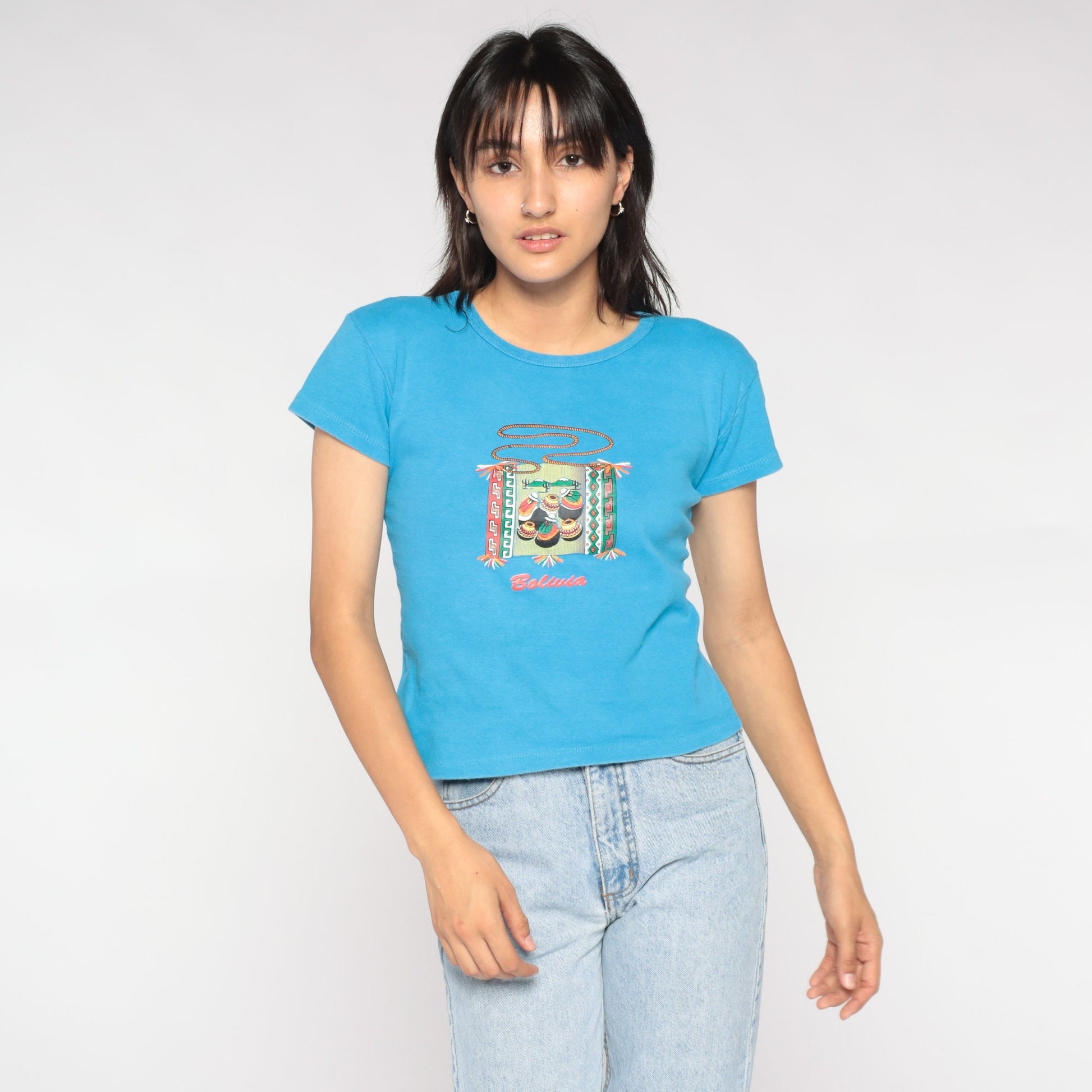 Y2K Bolivia Graphic Baby Tee Blue Bolivian Folk Art Small S