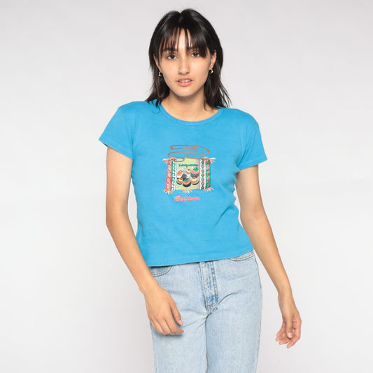 Y2K Bolivia Graphic Baby Tee Blue Bolivian Folk Art Small S