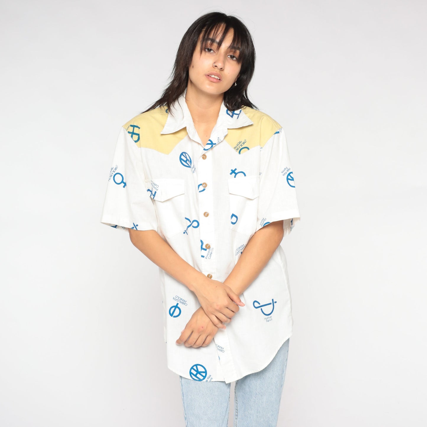 90s Reyn Spooner Cattle Brand Western Shirt White Yellow Yoke Medium