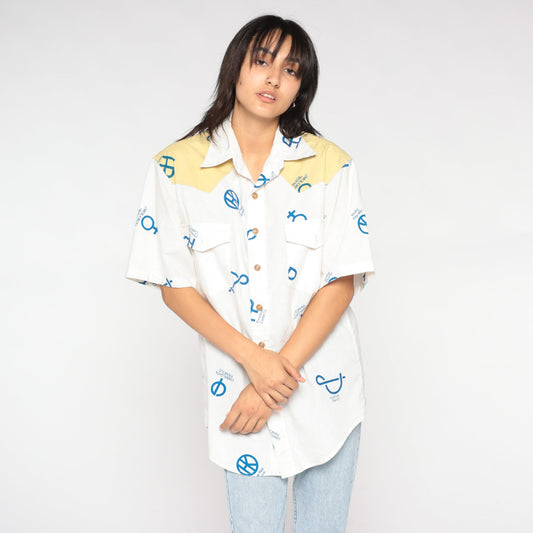 90s Reyn Spooner Cattle Brand Western Shirt White Yellow Yoke Medium