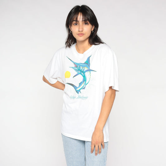 90s Swordfish Graphic T-Shirt Ixtapa Zihuatanejo Mexico White Single Stitch Medium