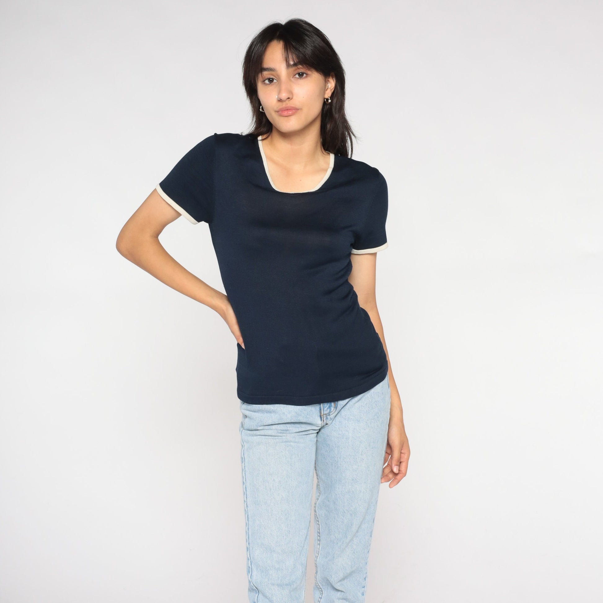 00s Navy Silk Knit Top Short Sleeve White Trim Small S