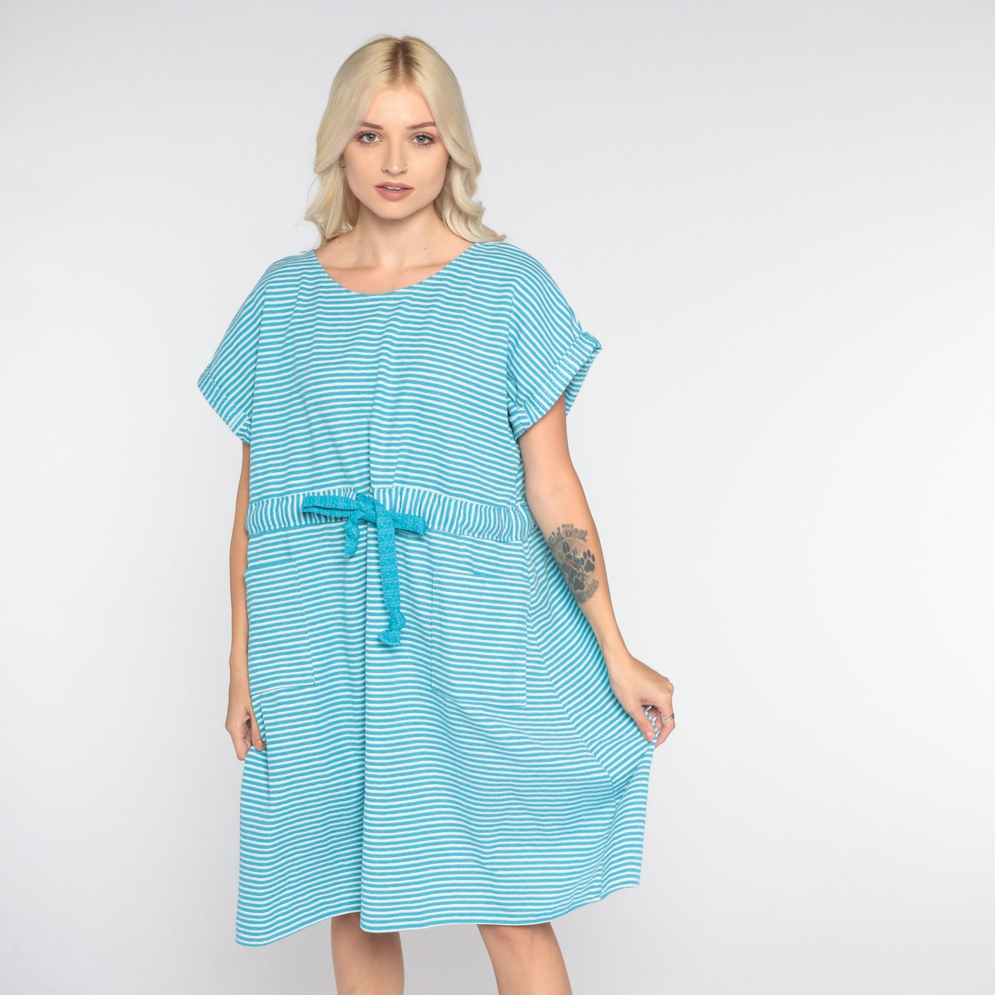 70s Blue White Striped Shift Dress Drawstring Waist Mini Short Sleeve Large