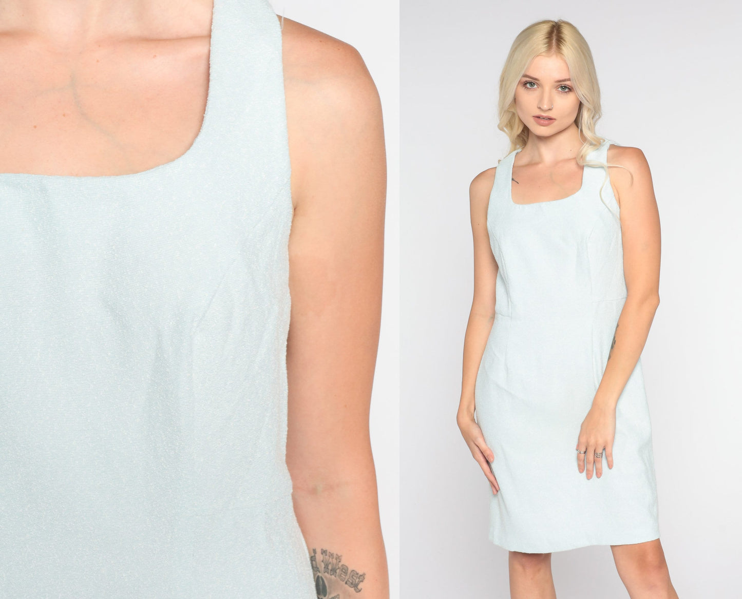 90s Light Blue Mini Sheath Dress Square Neckline Sleeveless Small S