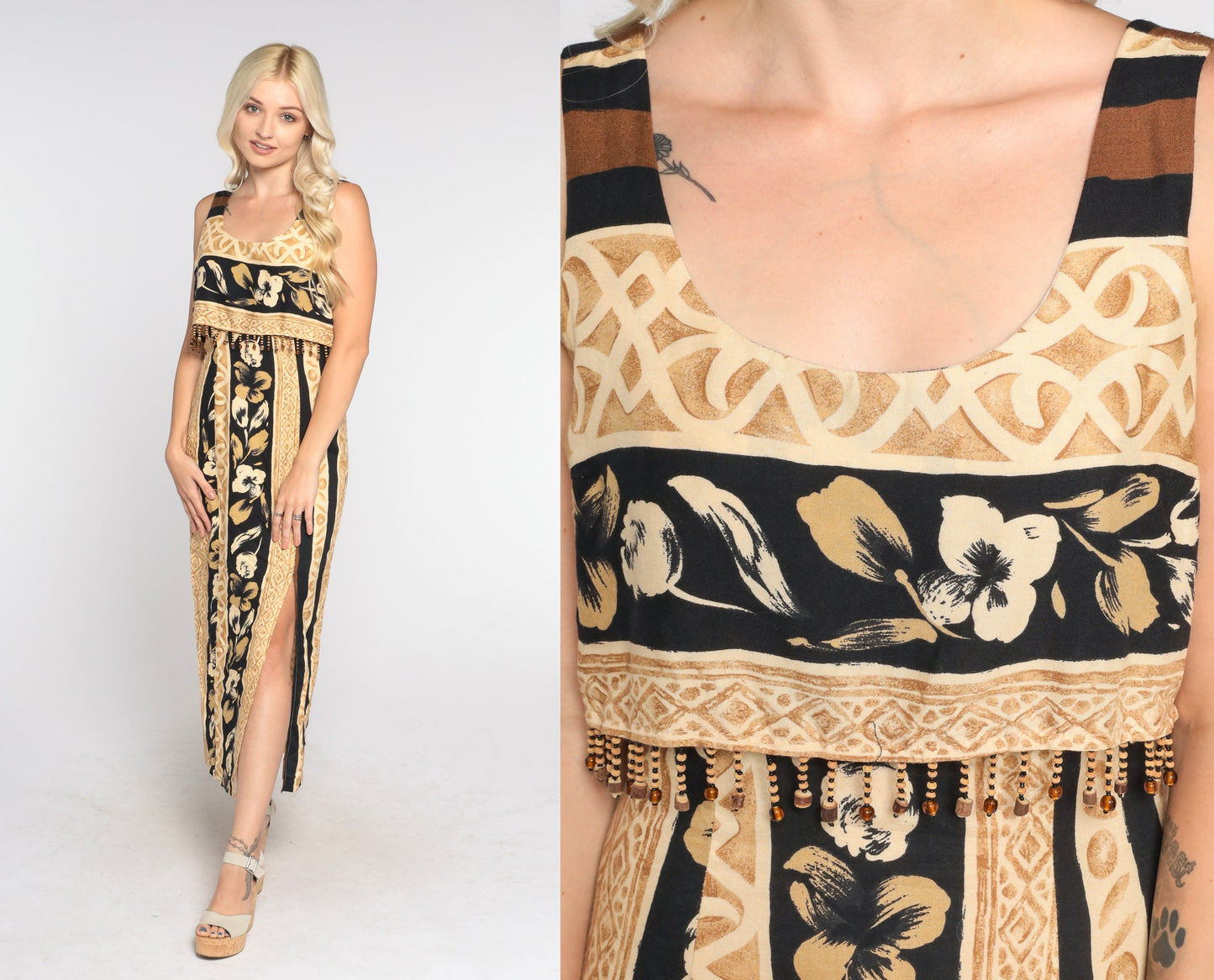 90s Tropical Floral Midi Dress Beaded Bodice Front Slit Sleeveless Extra Small
