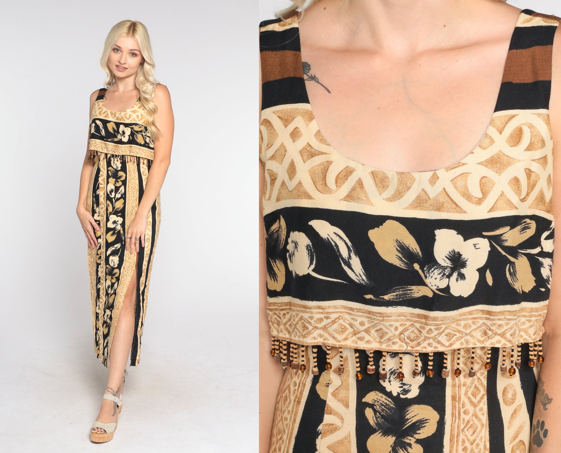 90s Tropical Floral Midi Dress Beaded Bodice Front Slit Sleeveless Extra Small