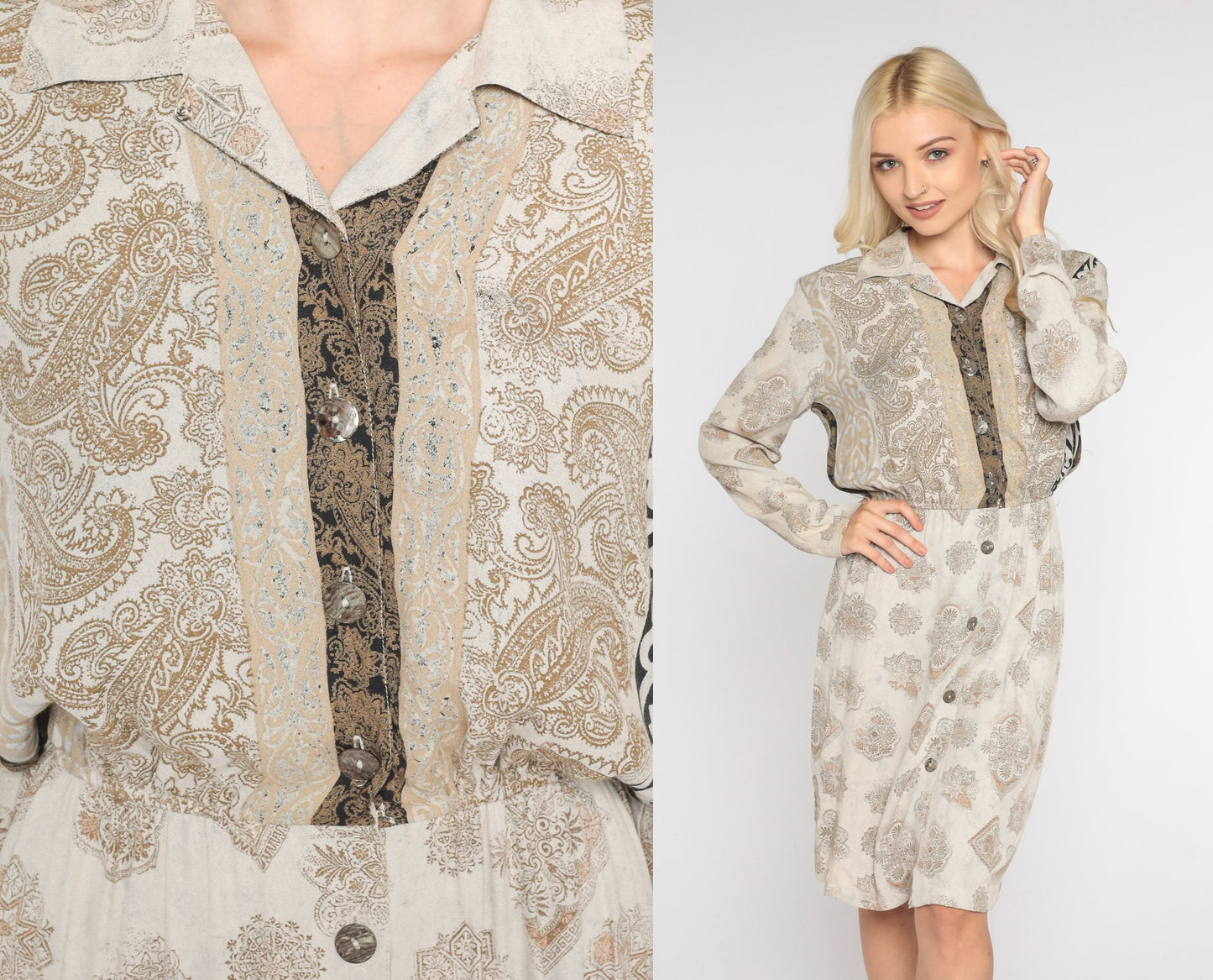 90s Carole Little Paisley Tile Print Dress Tan Collared Pencil Knee Length Small