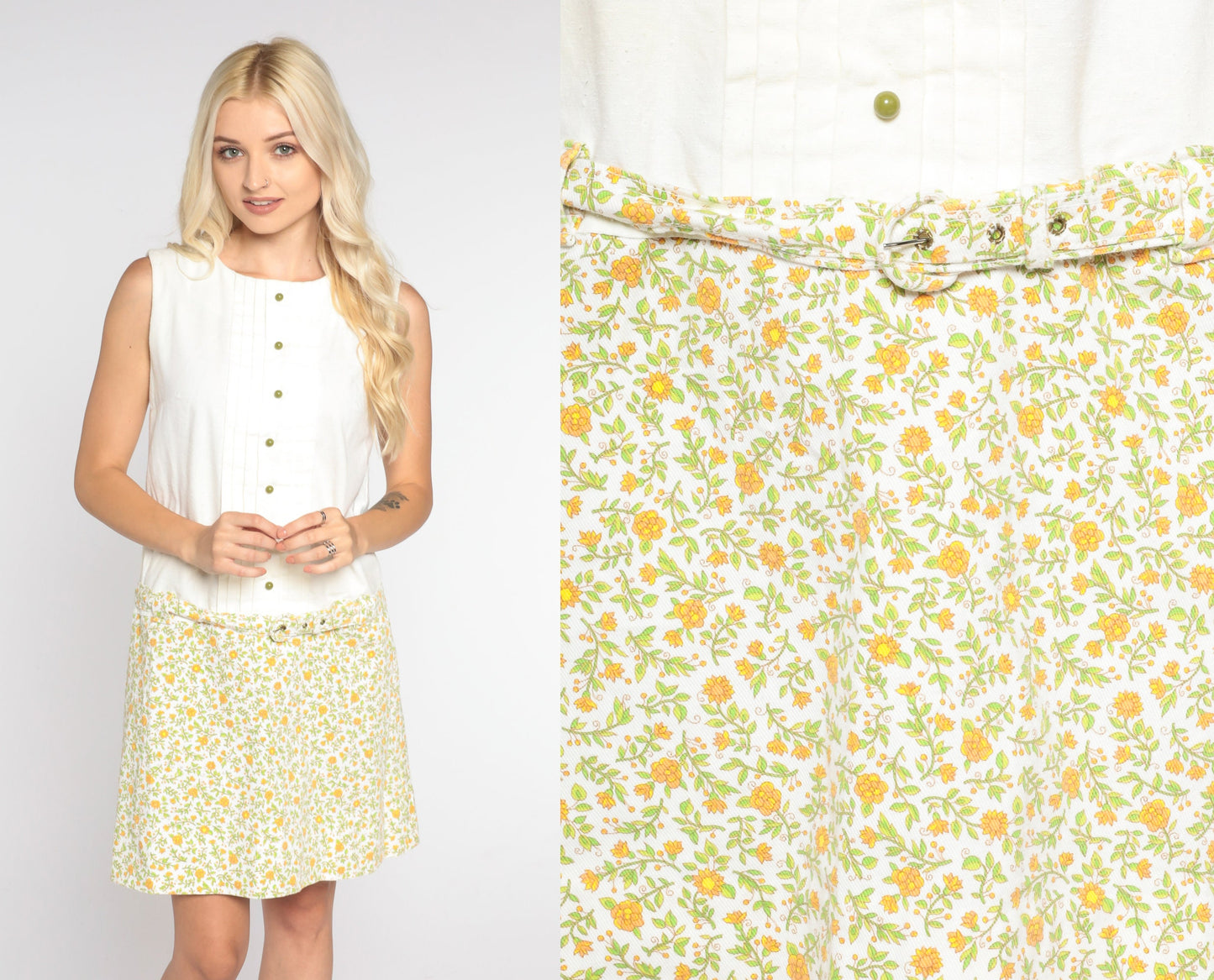 60s Mod Mini Dress White Floral Drop Waist Sleeveless Shift Small