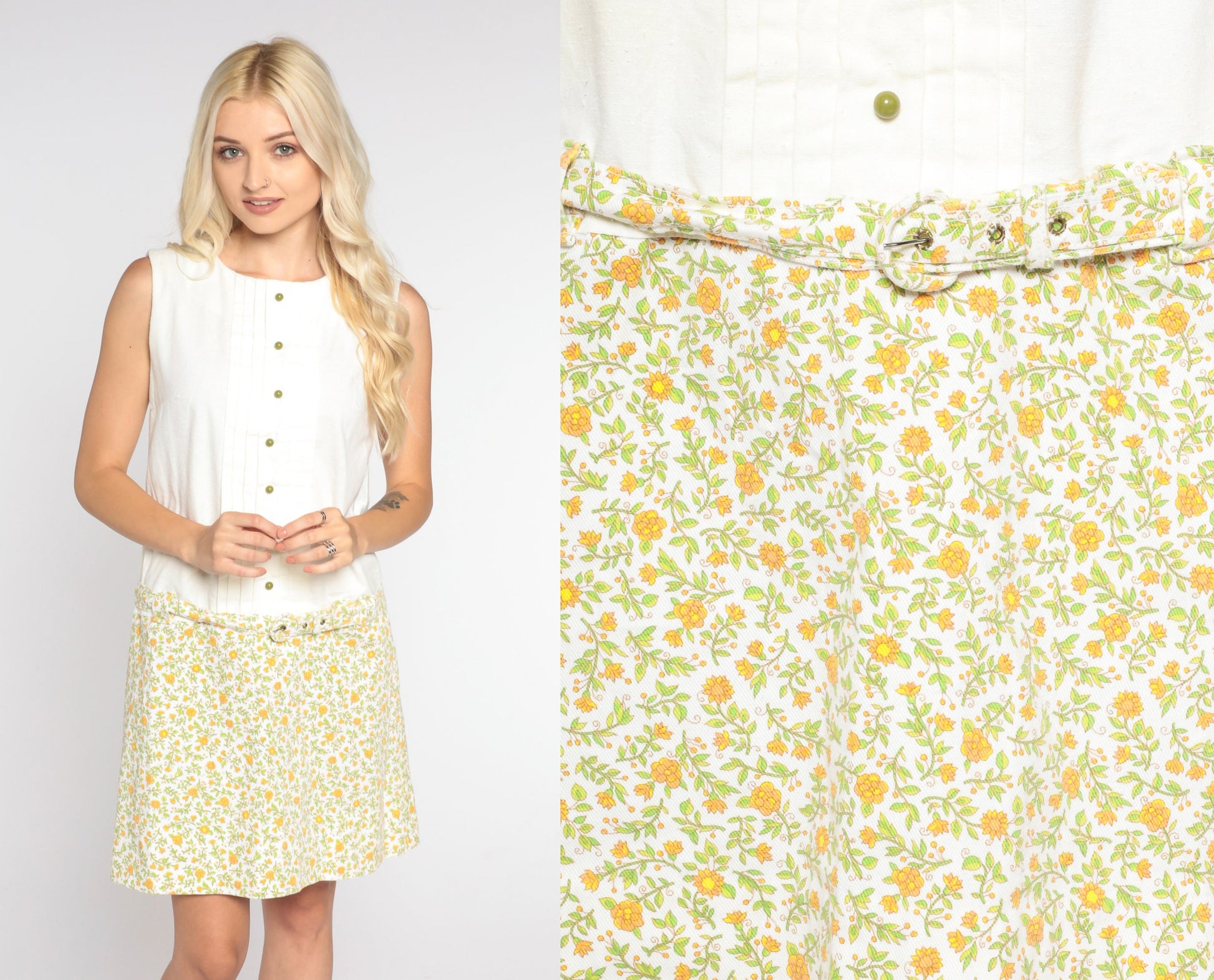 60s Mod Mini Dress White Floral Drop Waist Sleeveless Shift Small