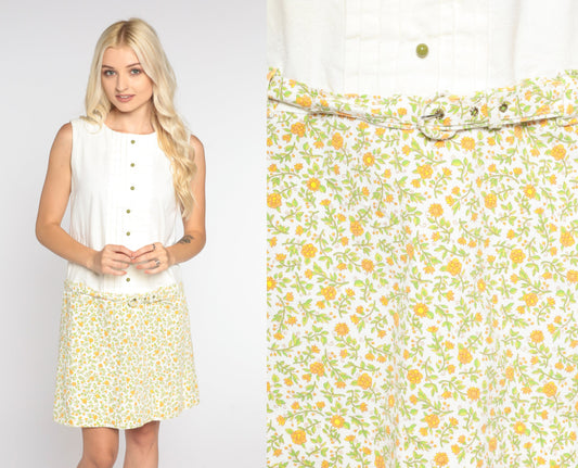 60s Mod Mini Dress White Floral Drop Waist Sleeveless Shift Small