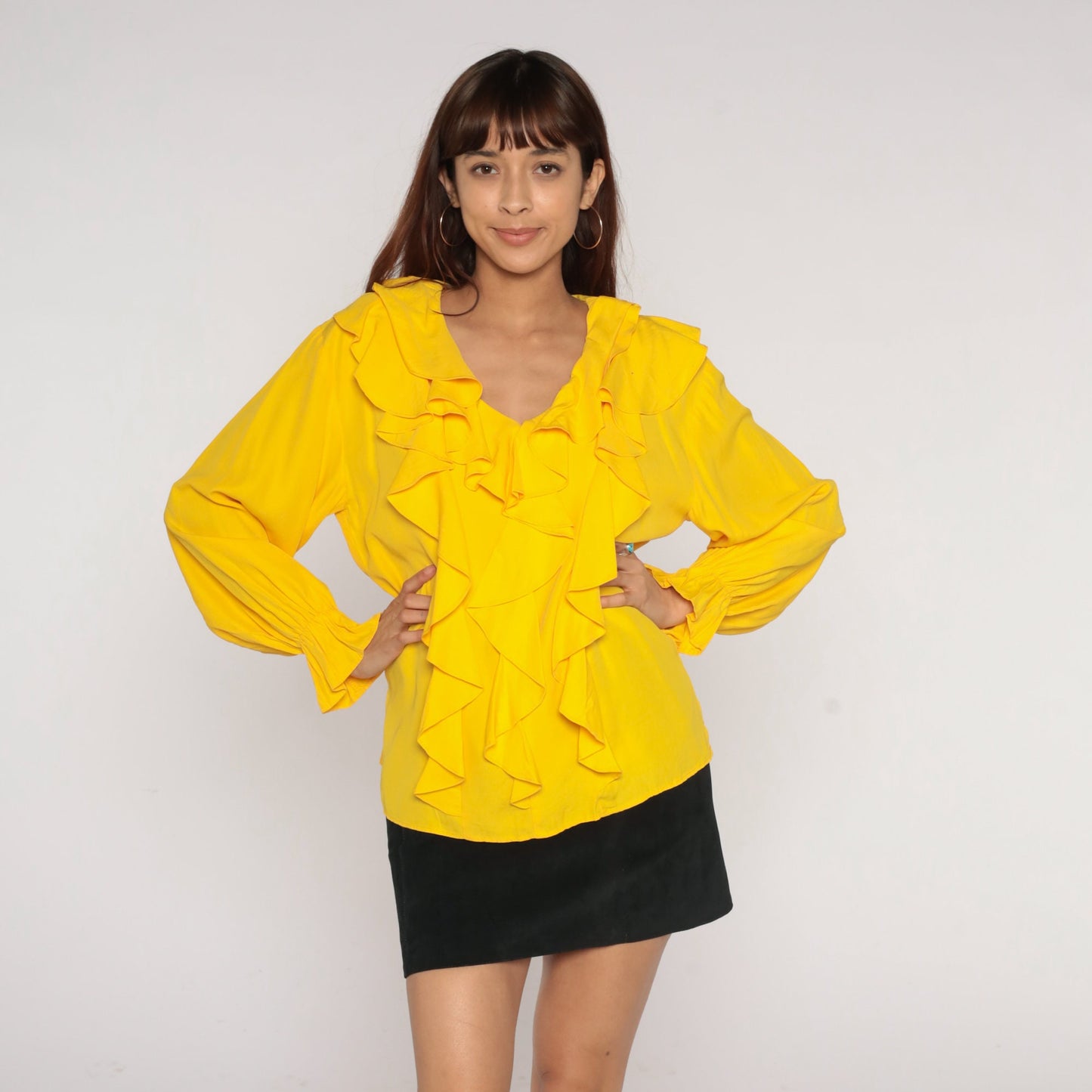 90s Yellow Ruffle Long Sleeve Blouse V Neck Small