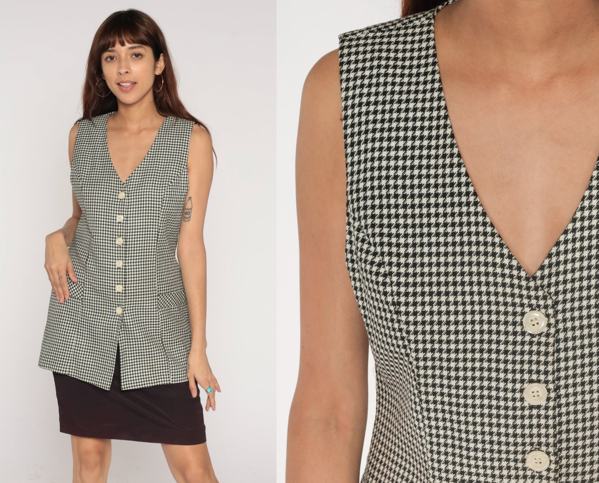 90s Houndstooth Mini Dress with Attached Vest Black White Checkered Small S
