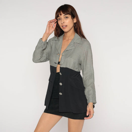 90s Houndstooth Blazer Black White Button-Up Jacket Small S