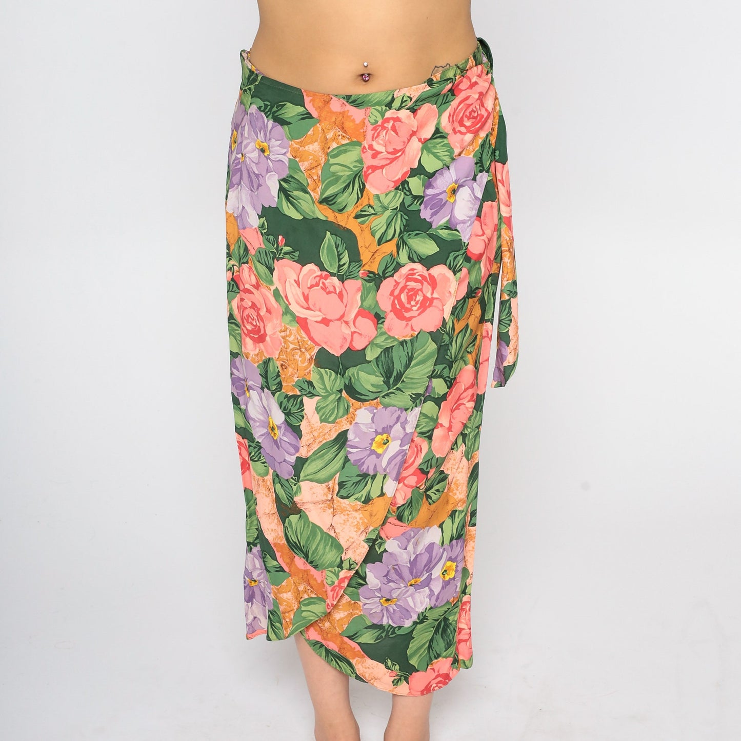 90s Floral Wrap Maxi Skirt Rayon Rose Pattern Small S