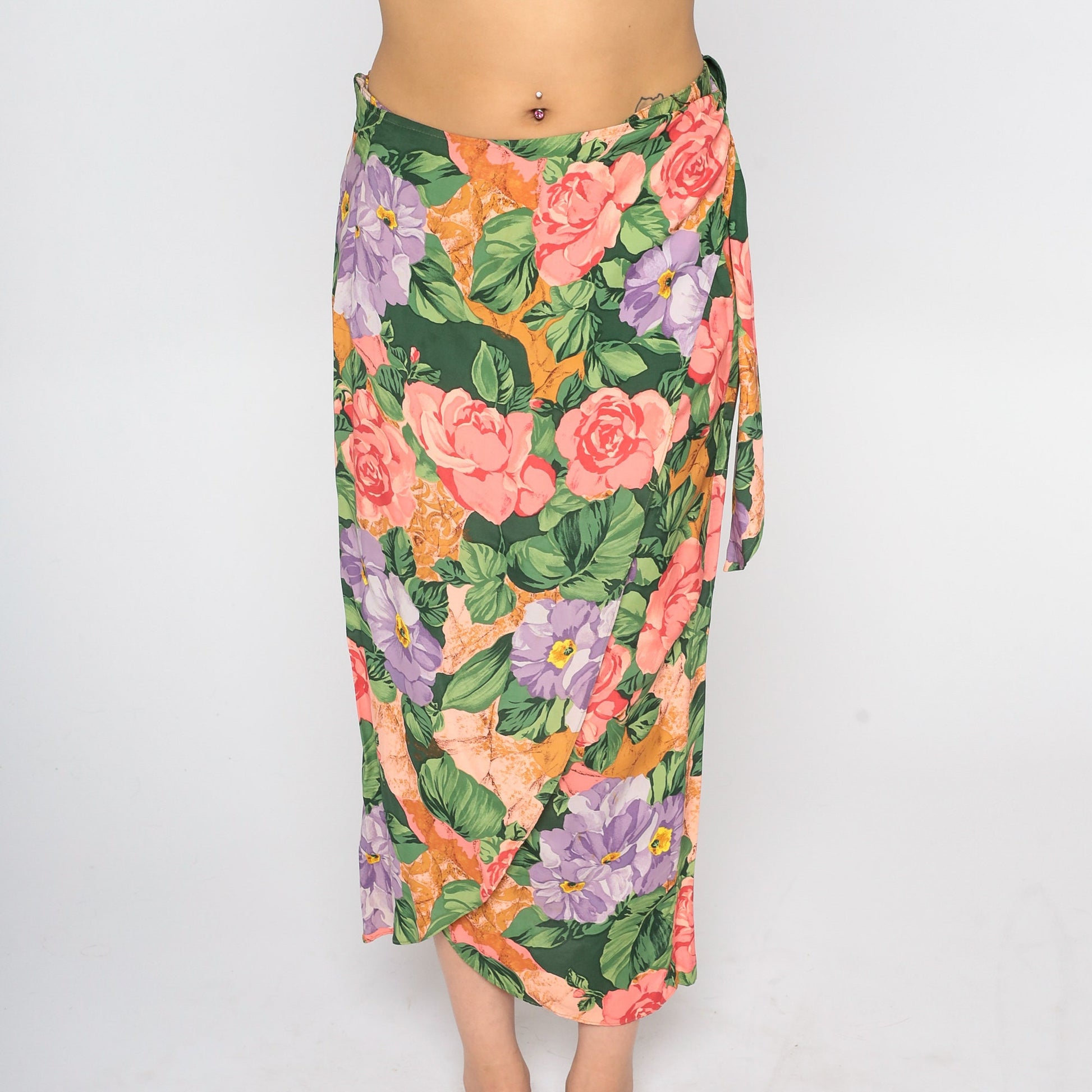 90s Floral Wrap Maxi Skirt Rayon Rose Pattern Small S