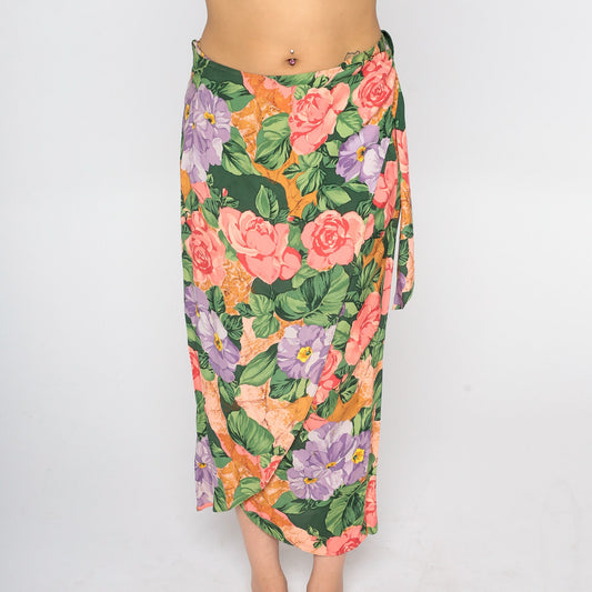 90s Floral Wrap Maxi Skirt Rayon Rose Pattern Small S