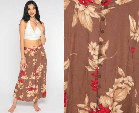 90s Brown Floral Button-Front Maxi Skirt Small Medium
