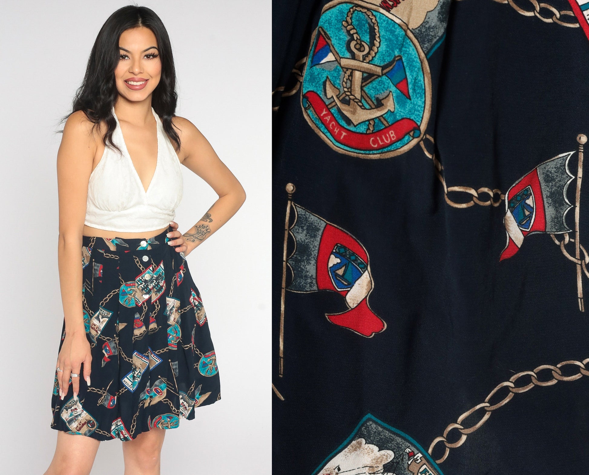 90s Nautical Mini Skirt Button Up Navy Anchor Sailor Print Small