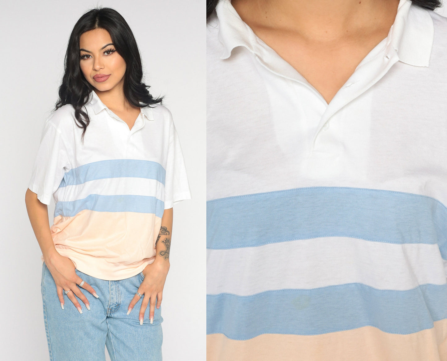 80s Striped Polo Shirt White Peach Blue Color Block Short Sleeve Medium Large