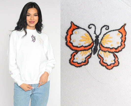 80s Butterfly Embroidered Sweatshirt White Mom Crewneck Large L