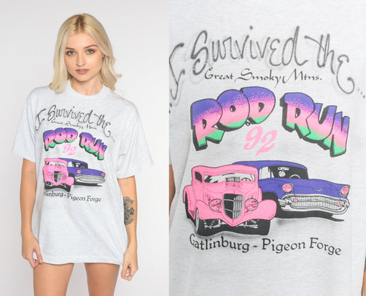 1992 Great Smoky Mountains Rod Run Graphic Tee Grey Classic Car 90s Large