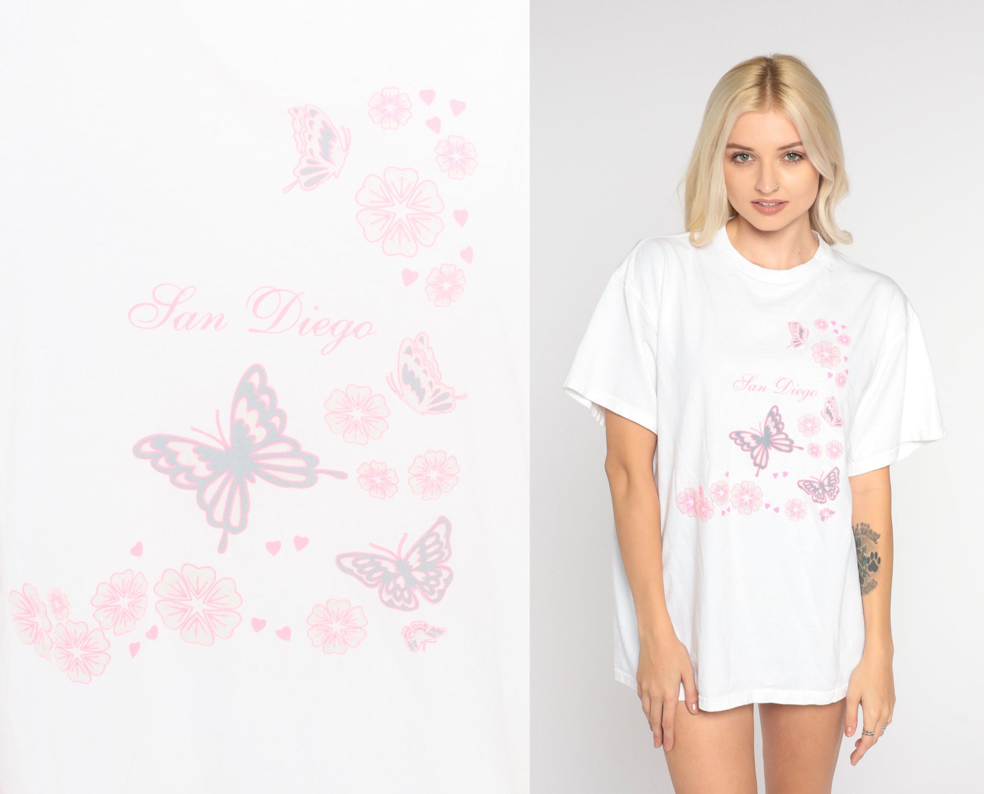 90s San Diego Butterfly Floral Graphic T-Shirt White Cotton Tee Medium