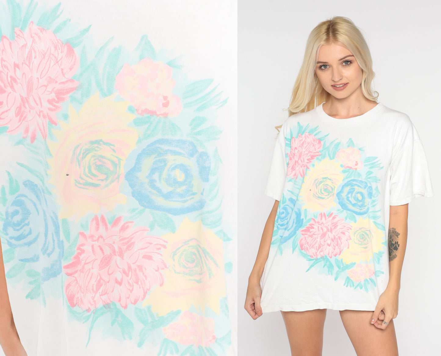 90s Floral Rose Dahlia Graphic T-Shirt White Cotton Single Stitch Extra Large XXL