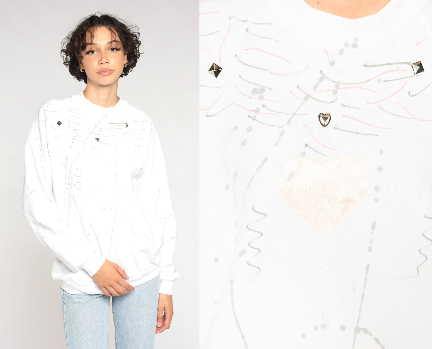 90s Jerzees White Sweatshirt Studded Abstract Painted Design Crewneck Extra Large