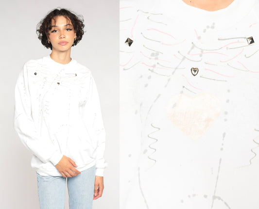 90s Jerzees White Sweatshirt Studded Abstract Painted Design Crewneck Extra Large