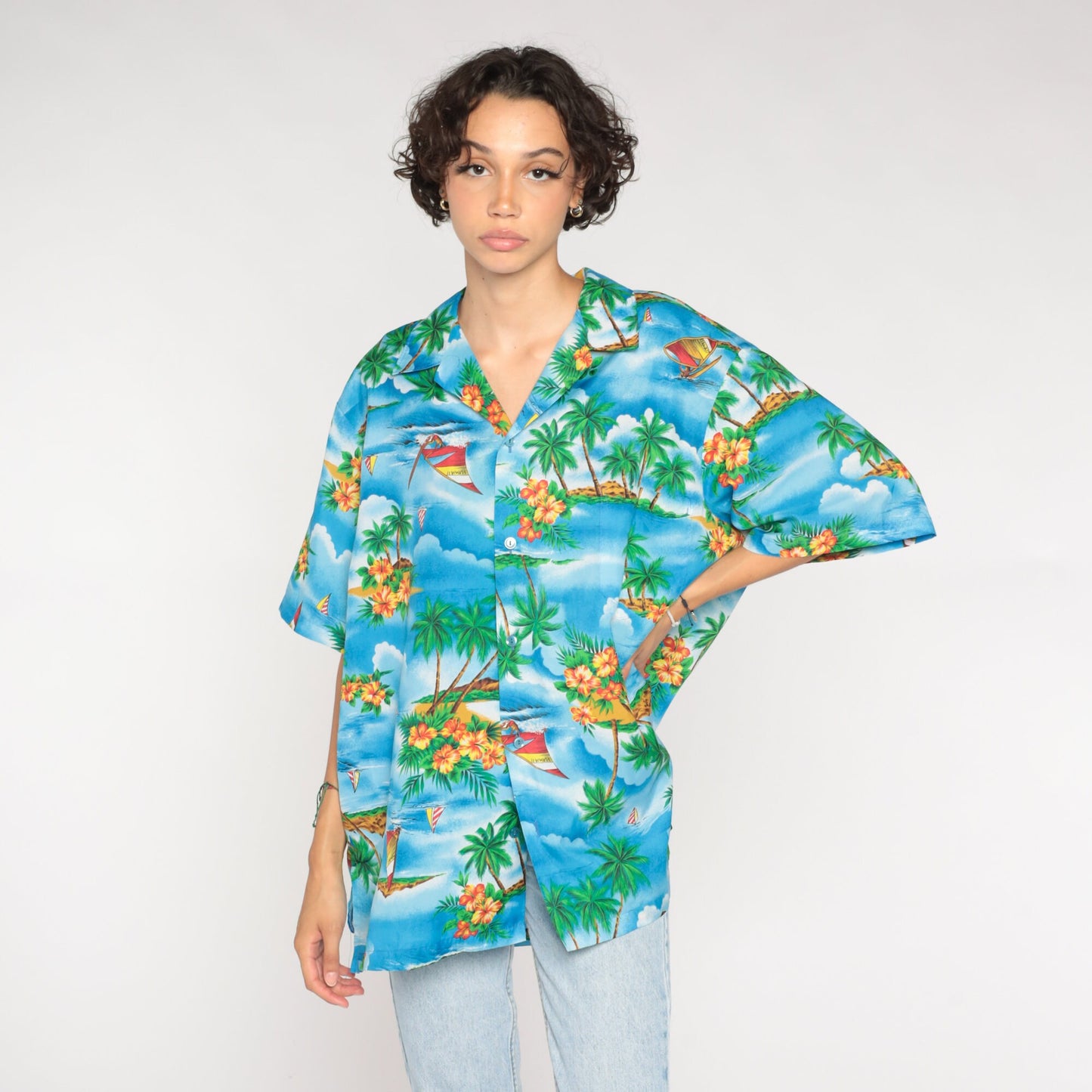 90s Blue Hawaiian Shirt Sailboat Palm Tree Print Button Up Mens XXL