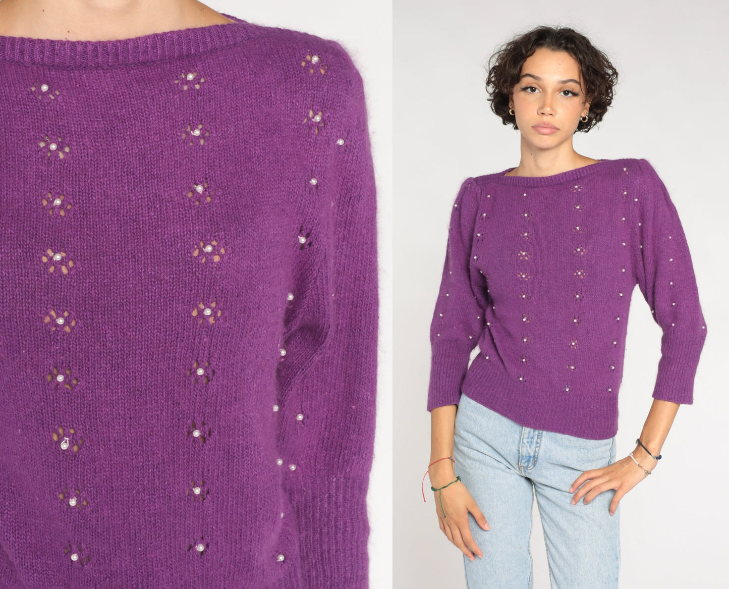 80s Purple Knit Sweater Puff Sleeve Pearl Beaded Cutout Silk Angora Small