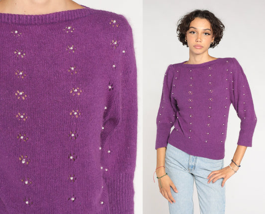 80s Purple Knit Sweater Puff Sleeve Pearl Beaded Cutout Silk Angora Small