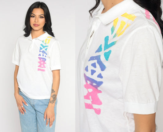80s White Neon Geometric Polo Shirt Half Button Collared Small