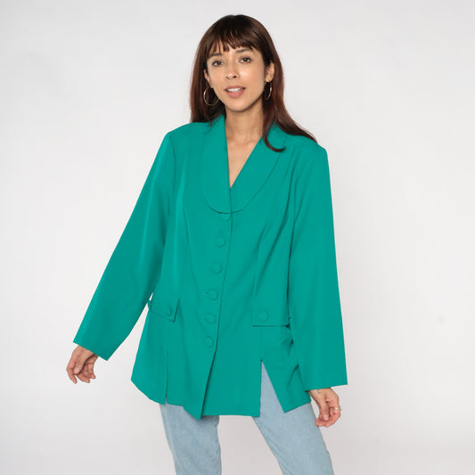 90s Green Blazer Button-Up Jacket Rounded Collar Office Wear Large L