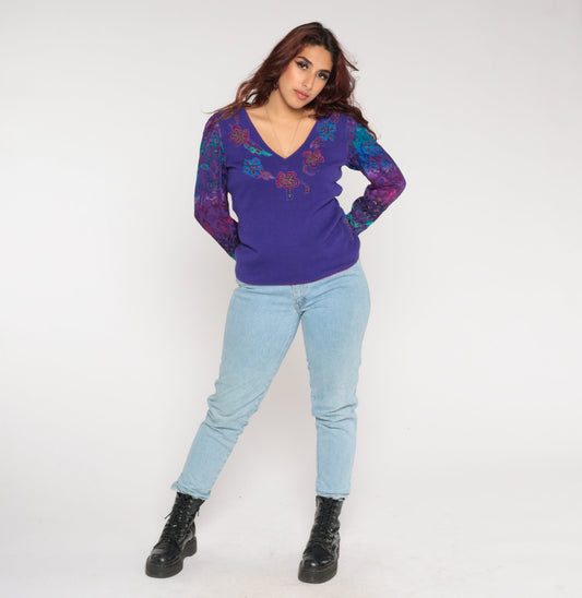 80s Purple Floral Knit Sweater Puff Sleeve V-Neck Appliqué Blouse Small S