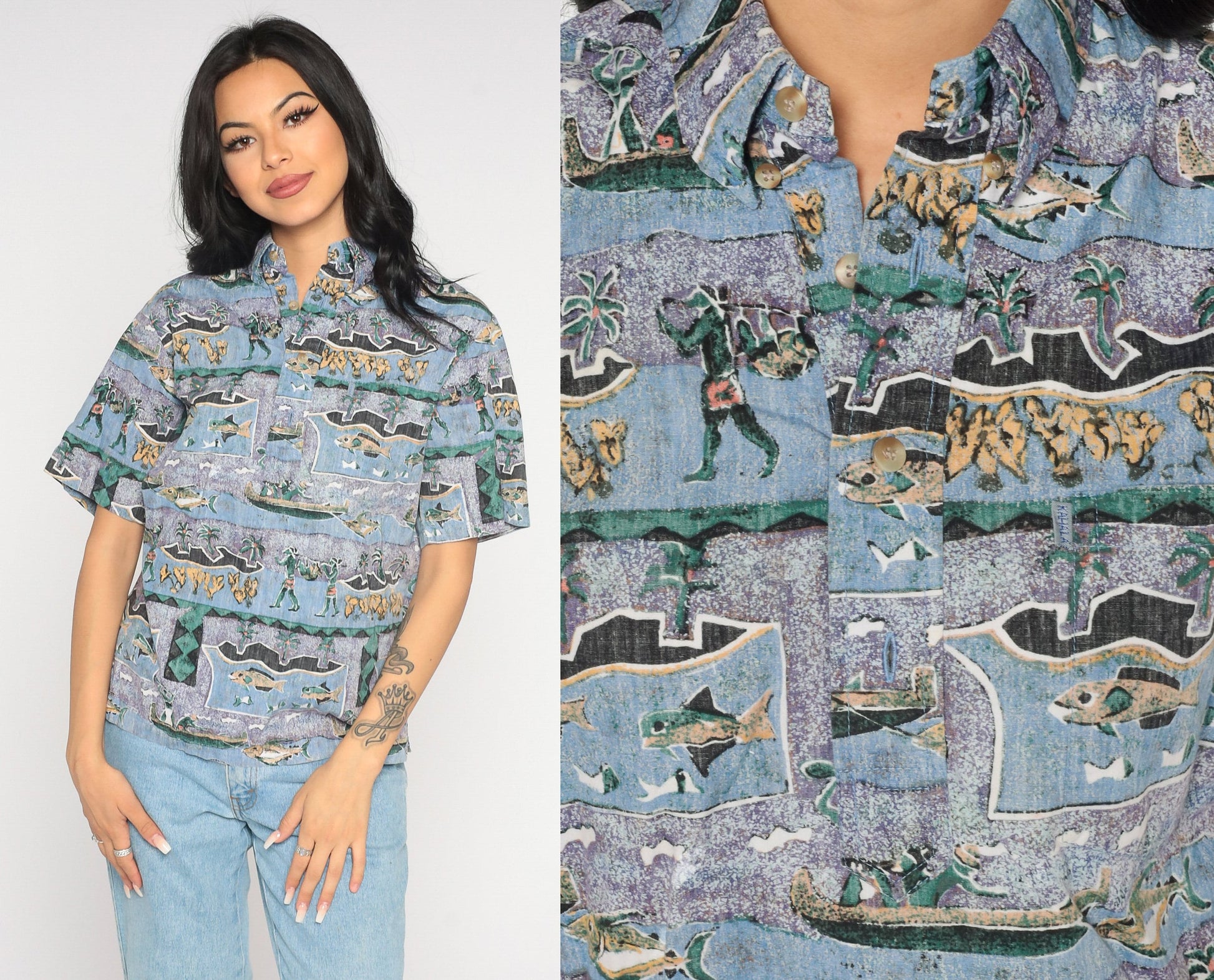 Y2K Tropical Fishing Island Print Button-Up Shirt Purple Blue Cotton Extra Small