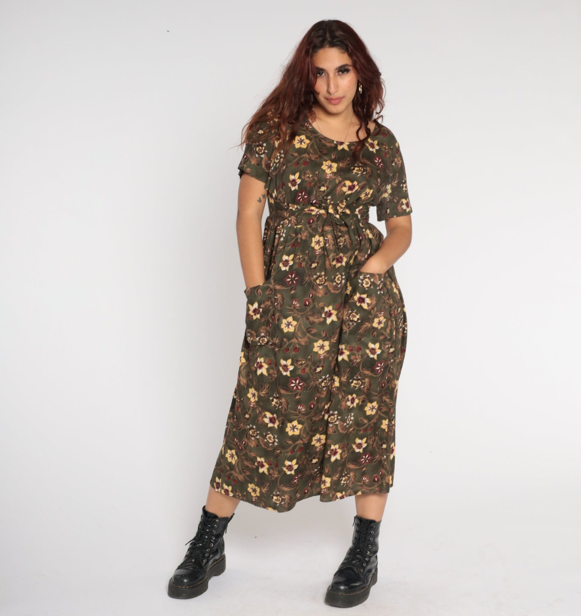 90s Dark Green Floral Midi Dress High Waist Tie Belt Rayon Large L