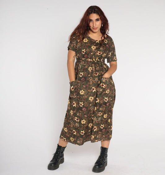 90s Dark Green Floral Midi Dress High Waist Tie Belt Rayon Large L