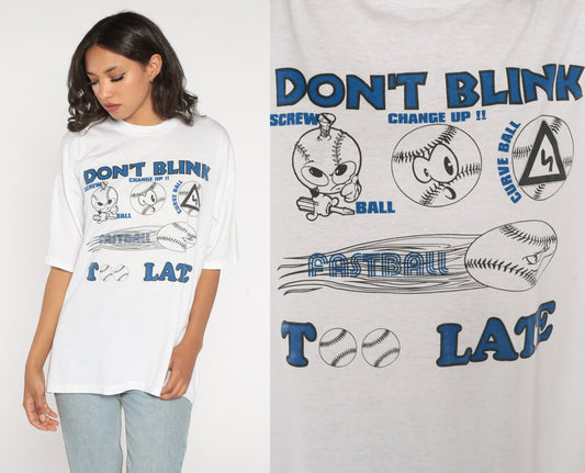 90s Baseball Graphic T-Shirt Don't Blink Too Late White Cotton XXL