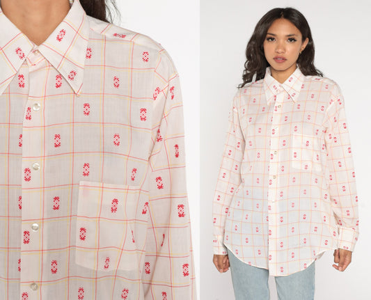 70s Checkered Stamp Print Button Up Shirt White Cotton Mens Large