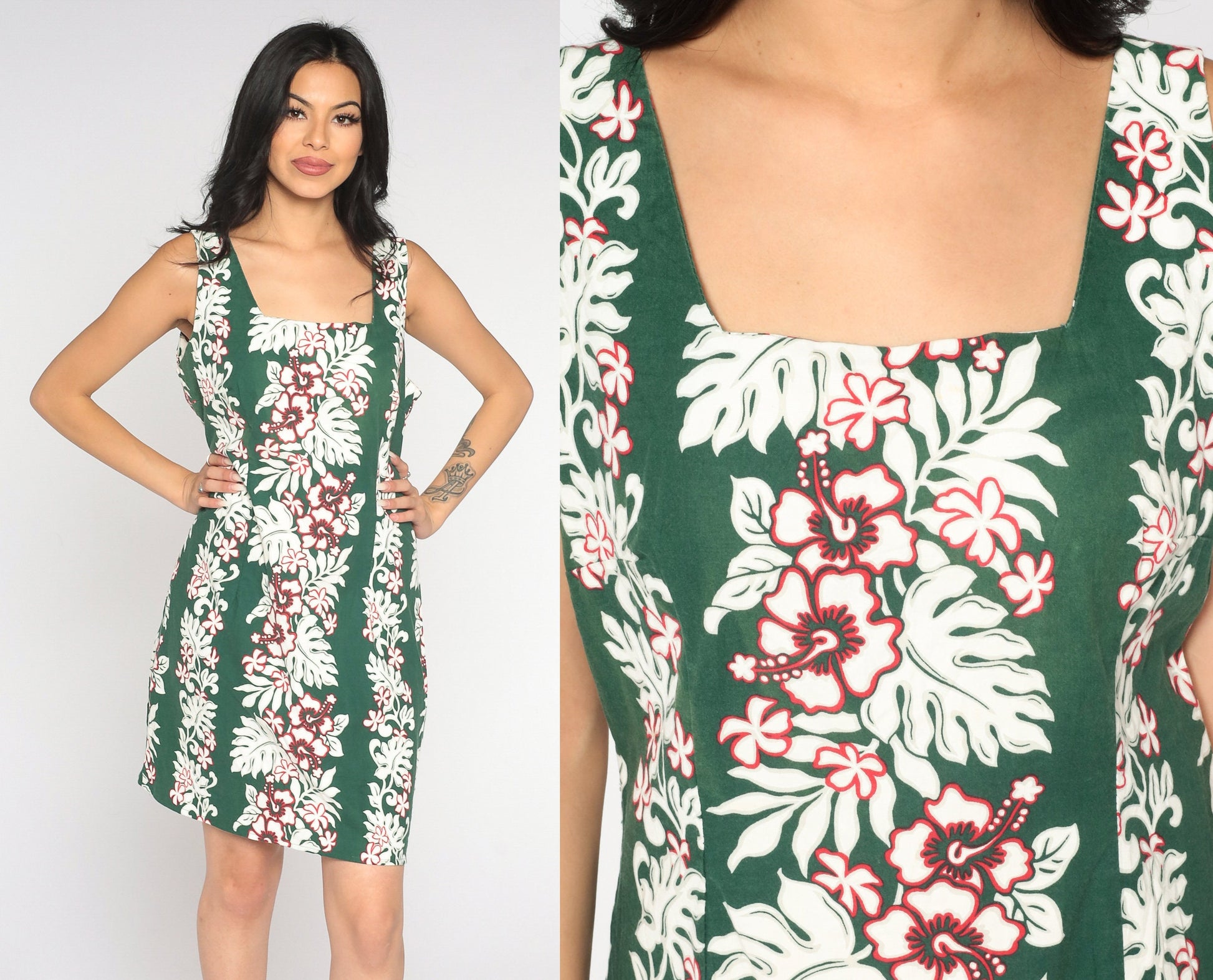90s Hawaiian Floral Mini Dress Green White Cotton Sleeveless Sheath Medium