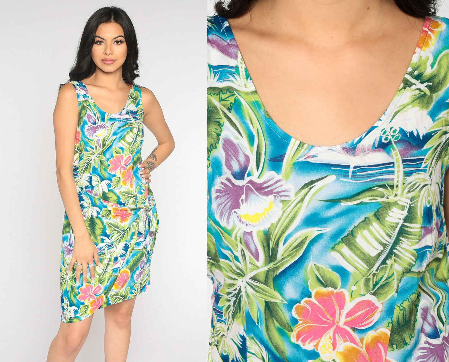 Y2K Tropical Floral Wrap Mini Dress Sleeveless 00s Hawaiian Sundress Medium 8