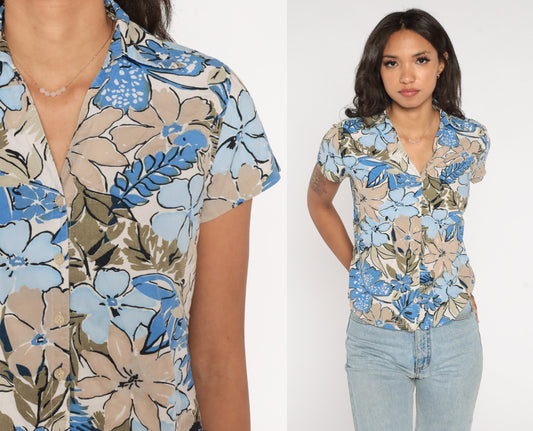 Y2K Floral Button-Up Blouse Blue Tan Flower Print Collar Short Sleeve Petite Small