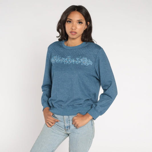 90s Blue Floral Embroidered Beaded Quilted Sweatshirt Petite Medium