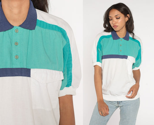 90s Striped Polo Shirt Collared Color Block Short Sleeve White Blue Green Men's Small