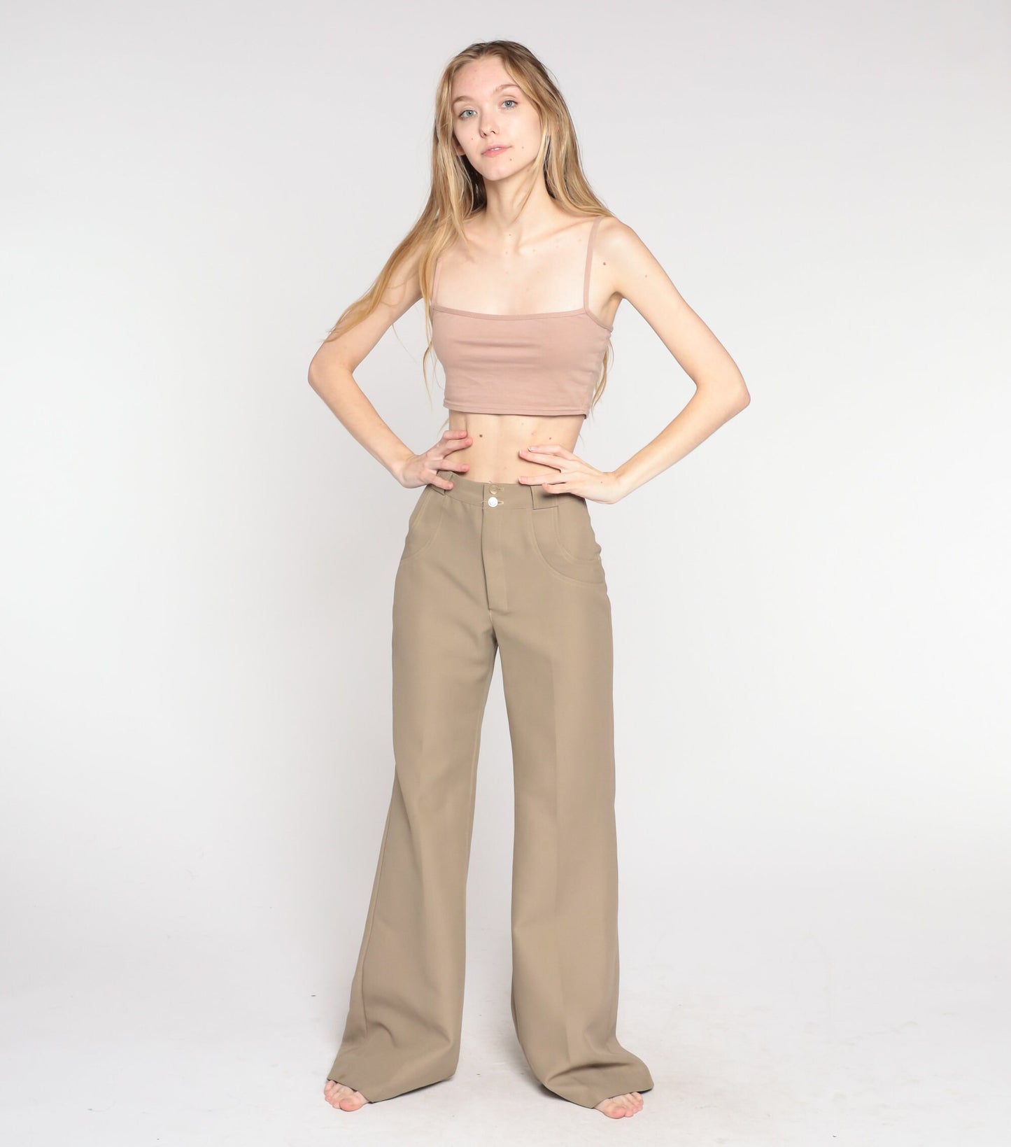 70s Taupe Bell Bottom Pants High Waist Flared Trousers Extra Small