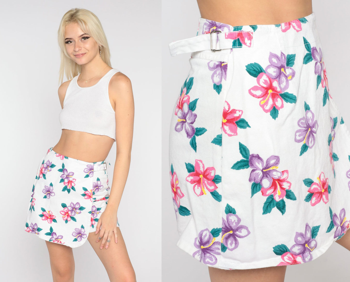 90s Hawaiian Floral White Denim Skort High Waist Faux Wrap Mini Medium