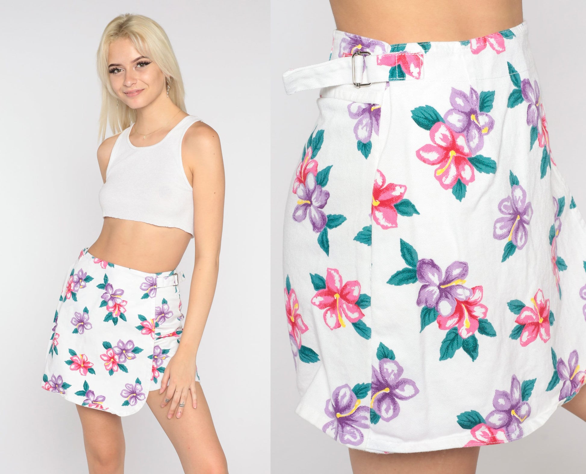 90s Hawaiian Floral White Denim Skort High Waist Faux Wrap Mini Medium